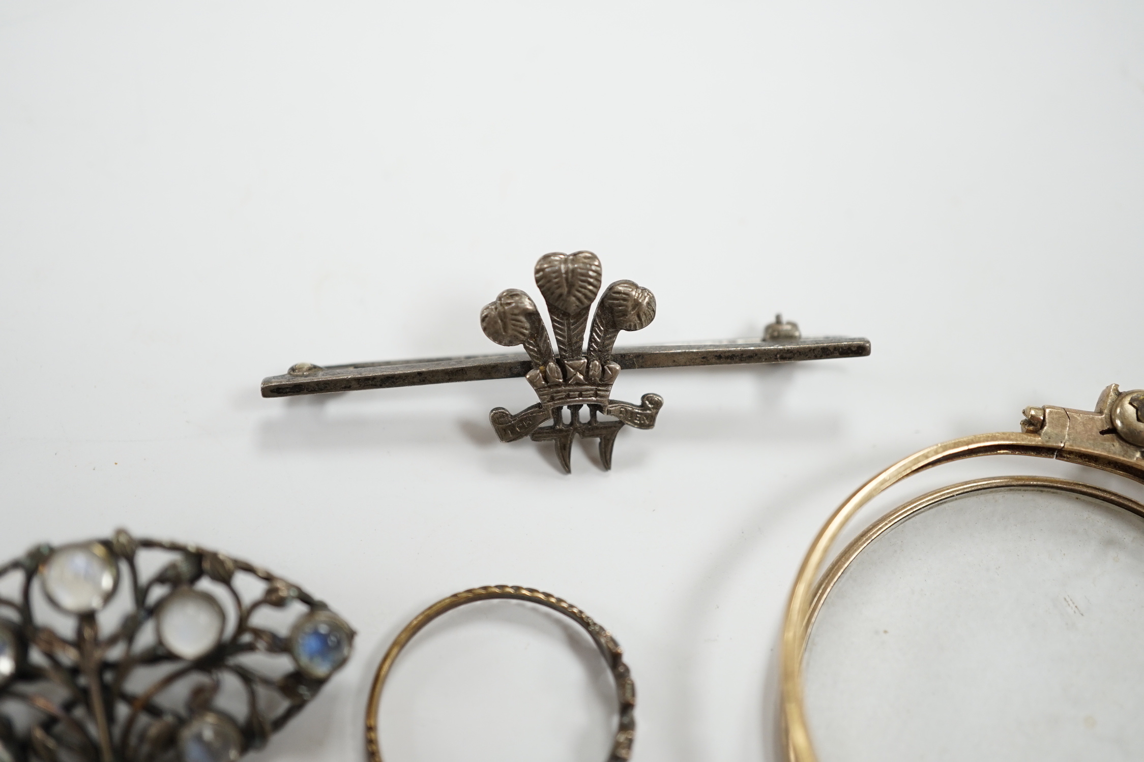 A pair of gold plated lorgnettes (a.f.) and five other items of jewellery including moonstone set (all a.f.).